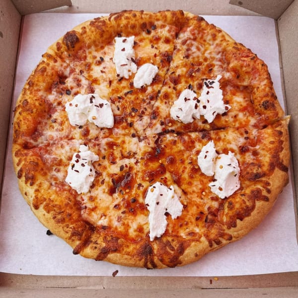 A whole Clarksburg Pizza Co. pizza with ricotta cheese and chili flakes in a delivery box.