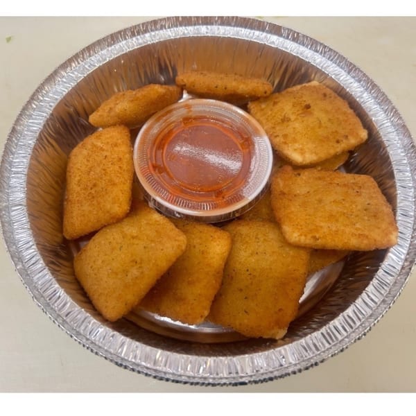 Golden-brown toasted ravioli with a side of marinara sauce in a foil container.